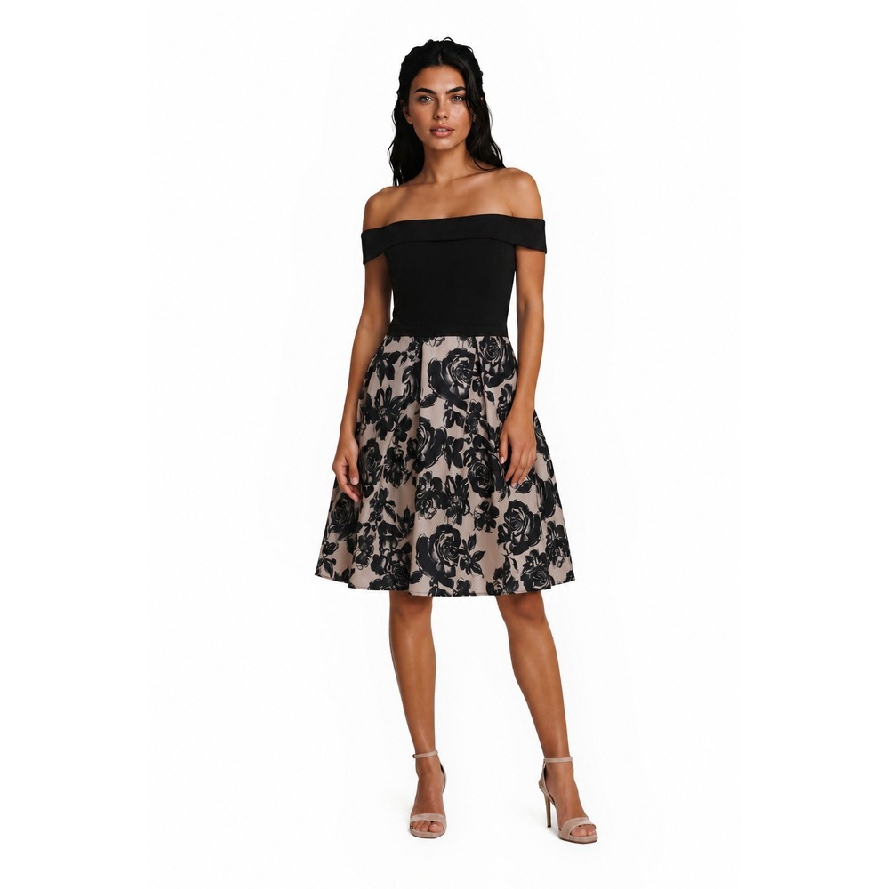 Morgan & Co Cocktail Dress Women's Size 22W Black Champagne Floral Off Shoulder